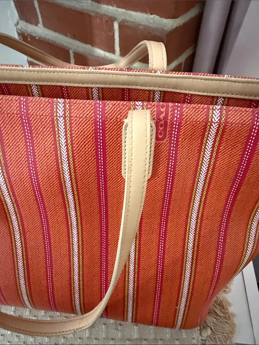 Coach Pink and Orange Striped Canvas Tote with Tan Leather Handles